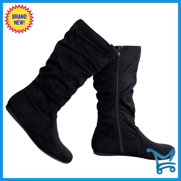 Slouchy Suede Mid-Calf Boots Low Heel Side Zipper Casual Slip On